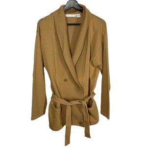 Vintage 90s Tan Knit Double Breasted Waist Tie Cardigan Small